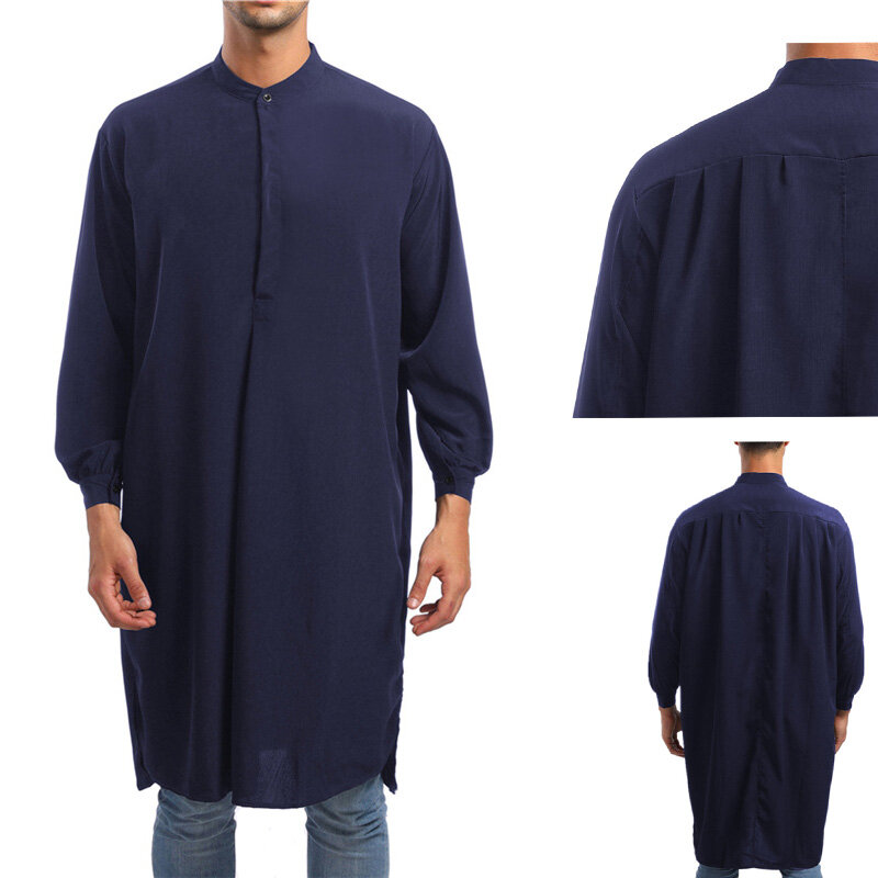 2024 gaya Arab mode sederhana panjang kemeja Pria cepat padat jubah Muslim kaus kain katun Dubai atasan lengan panjang Islam