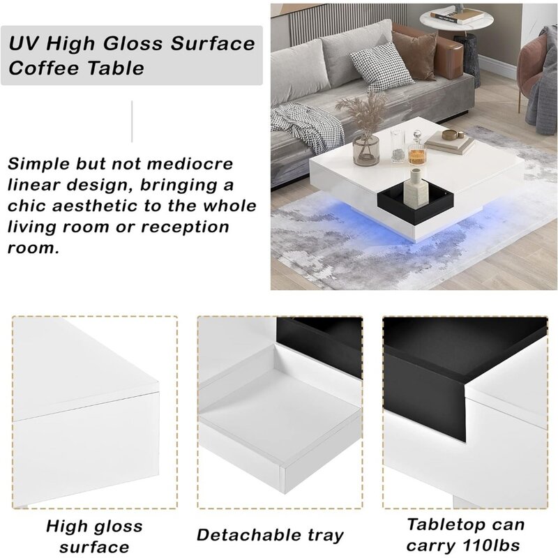 Mesa de centro LED cuadrada moderna, mesa de cóctel minimalista, bandeja desmontable con enchufe para sala de estar, 16 colores, 31,5