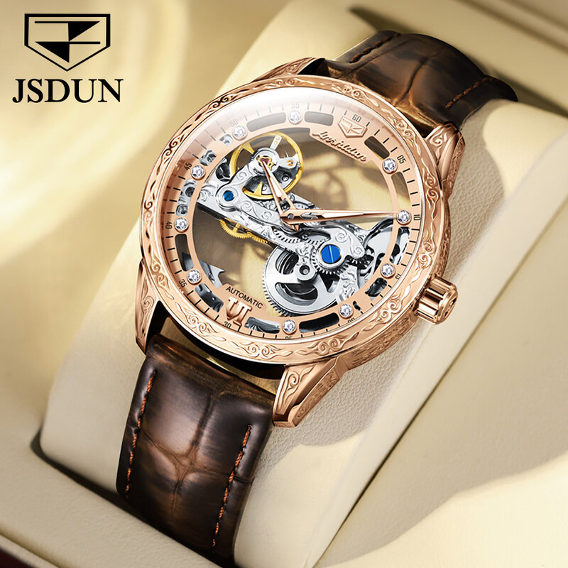 Автоматические механические часы JSDUN для деловых мужчин, прозрачные дизайнерские мужские водонепроницаемые часы-скелетоны Lether с сапфировым стеклом, 8917