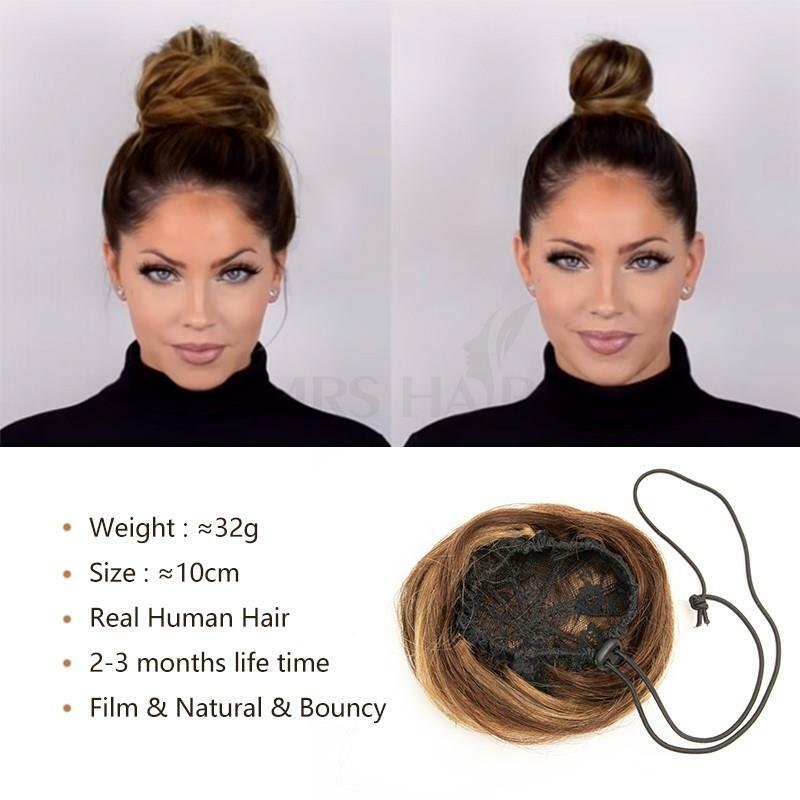MRS HAIR Human Hair Buns Claw On Drawstring Ponytail Flexible Hair Pieces Updo Donut Chignon Clip On Buns For Wedding and Show