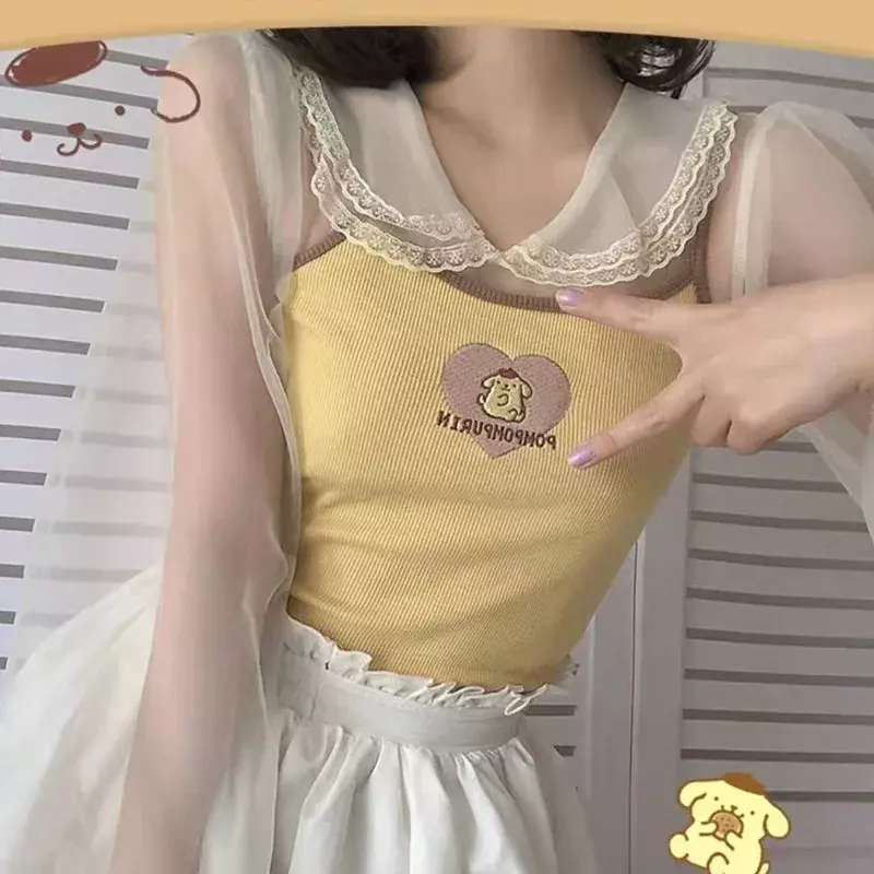 Kawaii Sanrio Anime Embroidered Suspender Cute Hello Kitty My Melody Kuromi Cartoon Summer Refreshing Short Base Top Gifts Girls