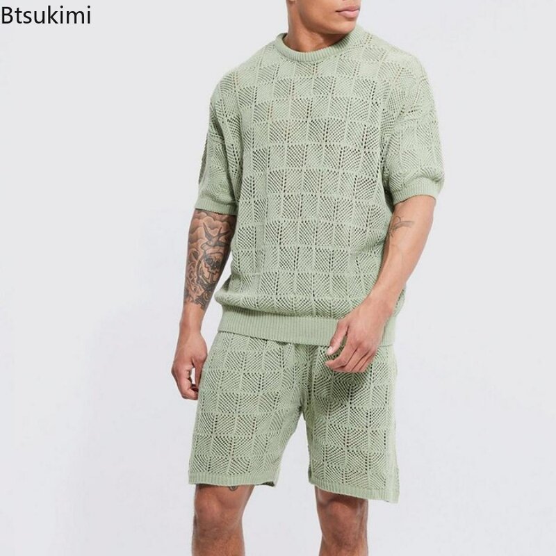 2024 Men's Summer Casual Sets Knitted Solid Hollow Out Loose Two Piece Shorts Sets Men T Shirt Tops And Short Sets Man Clothing