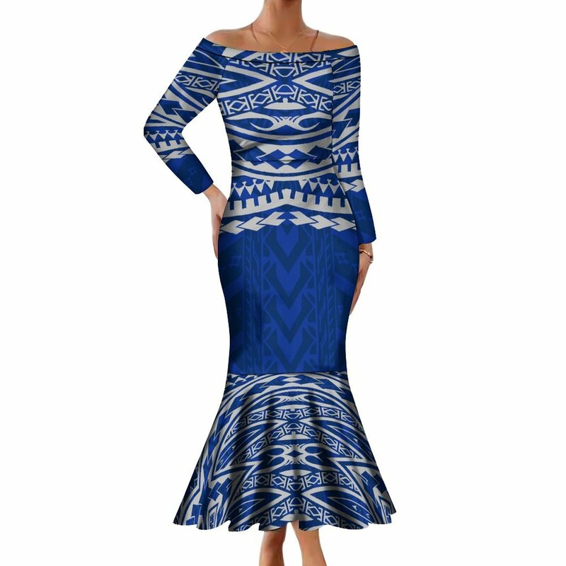Polynesian Flower Print Custom Tribal Ethnic Design Dress Autumn Long Sleeve Slim-Fit Temperament Fishtail Skirt New Long Dress