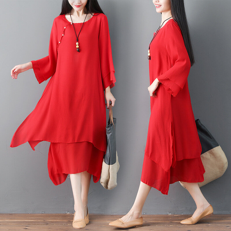 2022 Spring New Oversized Literature Art Vintage Fake Two Piece Cotton Linen Dress Women Long Sleeve Loose Casual Dresses Robes