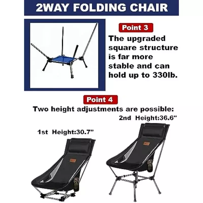 Krzesło kempingowe DRAXDOG, duży rozmiar, 2 kierunkowe kompaktowe krzesło z plecakiem, przenośne krzesło składane, krzesło plażowe