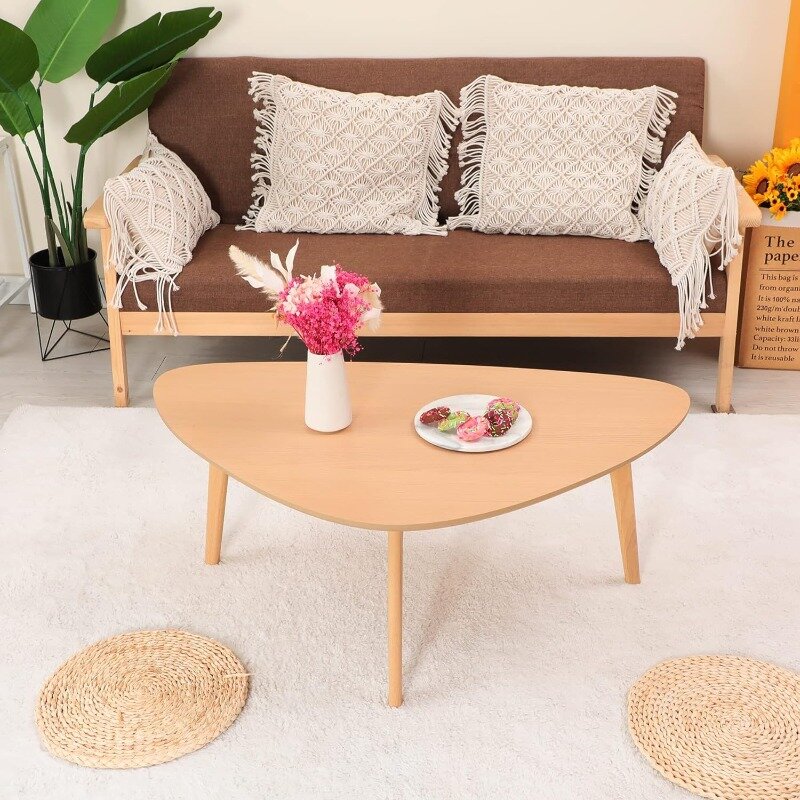 Small Coffee Table Mid Century Modern Wood Oval Coffee Tables Retro Minimalist Style Chic for Living Room,Natural Wooden Texture