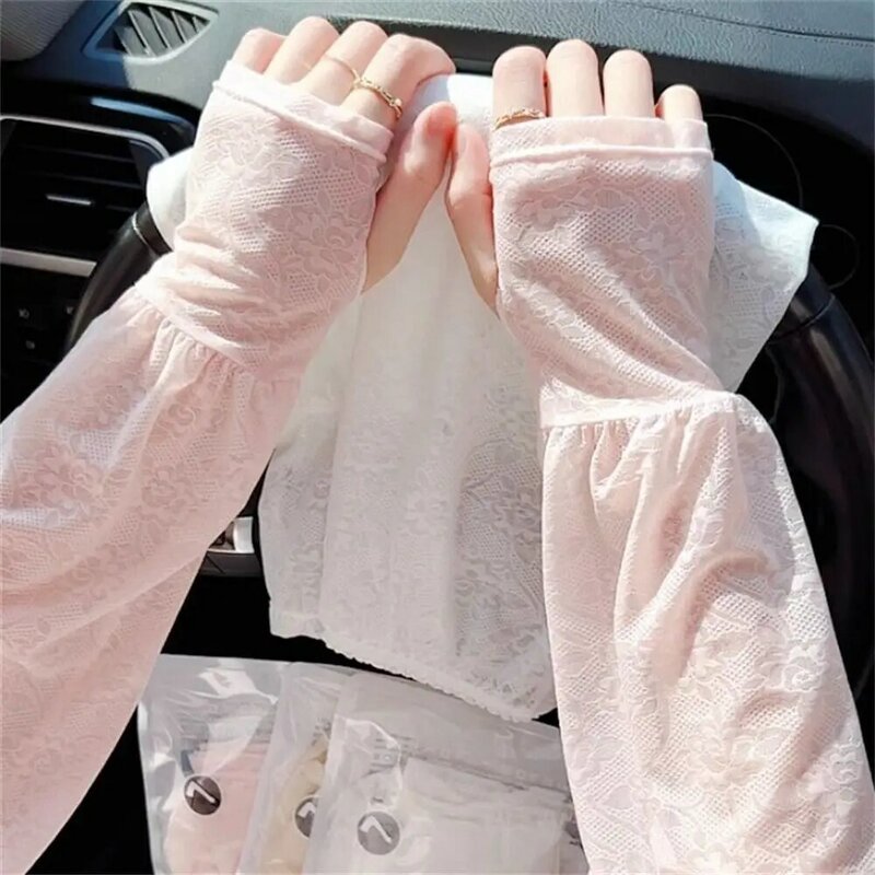 Thin Sunscreen Arm Sleeves Breathable Lace Anti UV Sun Protection Arm Covers Long Mittens Outdoor