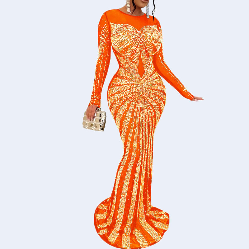 Europäische und amerikanische Frauen langes Kleid einfarbig Mesh Perspektive heißen Strass Langarm Kleid Mode Sommerkleid 2024
