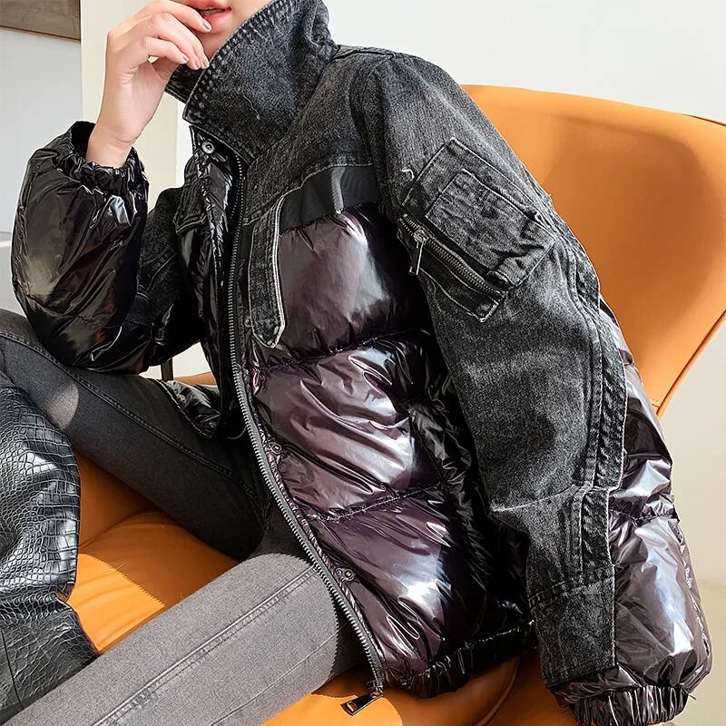 새로운 한국 두꺼운 블랙 데님 패치 워크 화이트 덕 다운 겉옷 여성용, 느슨한 스탠드 칼라 짧은 재킷, 2023 겨울