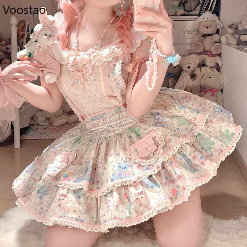 Stile giapponese Kawaii Lolita 2 pezzi Set donna dolce pizzo volant camicetta stampa cartone animato minigonne ragazze moda coreana Y2k vestito