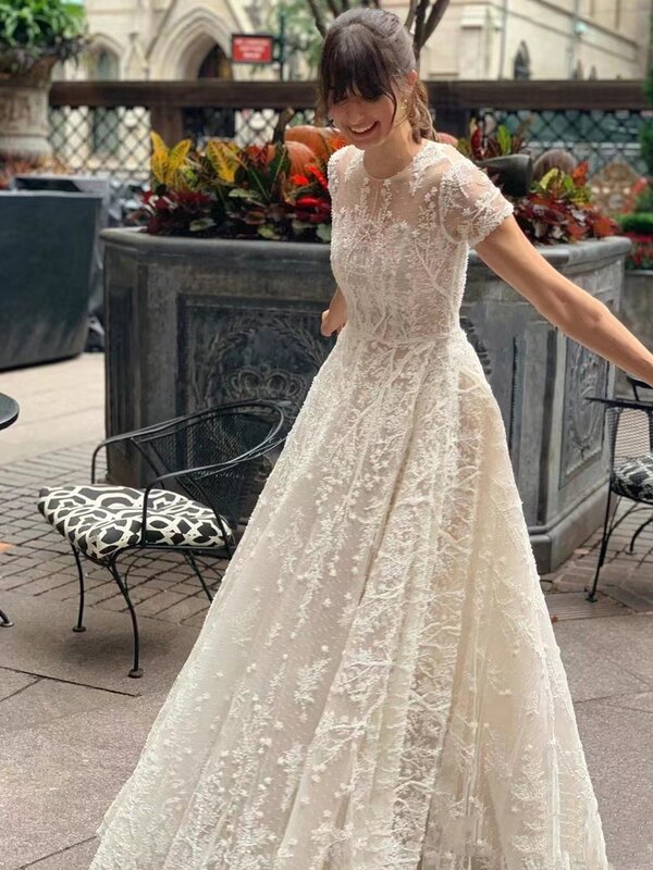 Bohemia Vintage Wedding Dresses O-Neck Short Sleeves Bridal Gowns Lace Appliques A-Line Robes Floor Length Vestidos De Novia