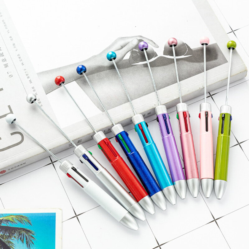 DIY Four-Color Beaded Ballpoint Pen Cute Beaded Pen Cartoon Retractable Rollerball Pen Student Stationery Office School Supplies