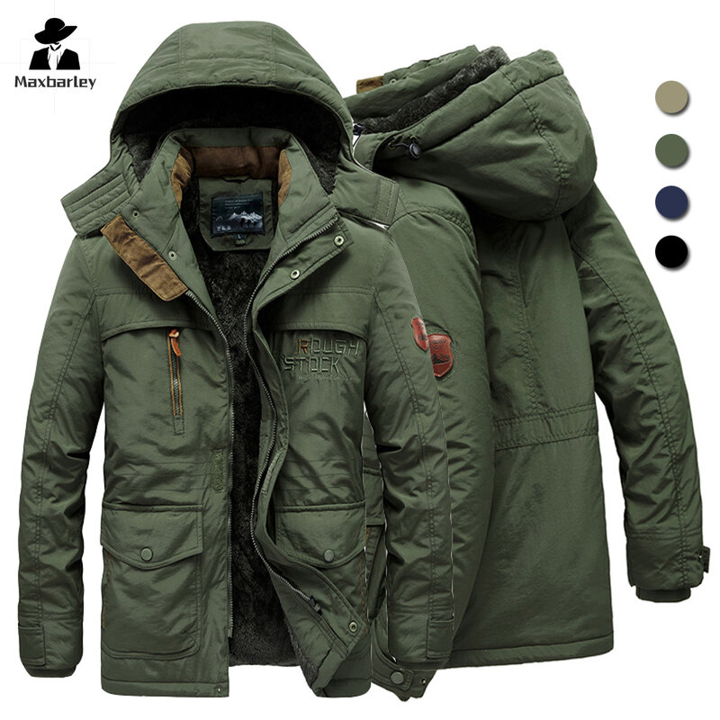 Men's Winter Jacket Retro Thick Warm Hooded Windbreaker Fleece Linning Outdoor Parka Coat Outerwear Big Size 6XL Multi-pocket