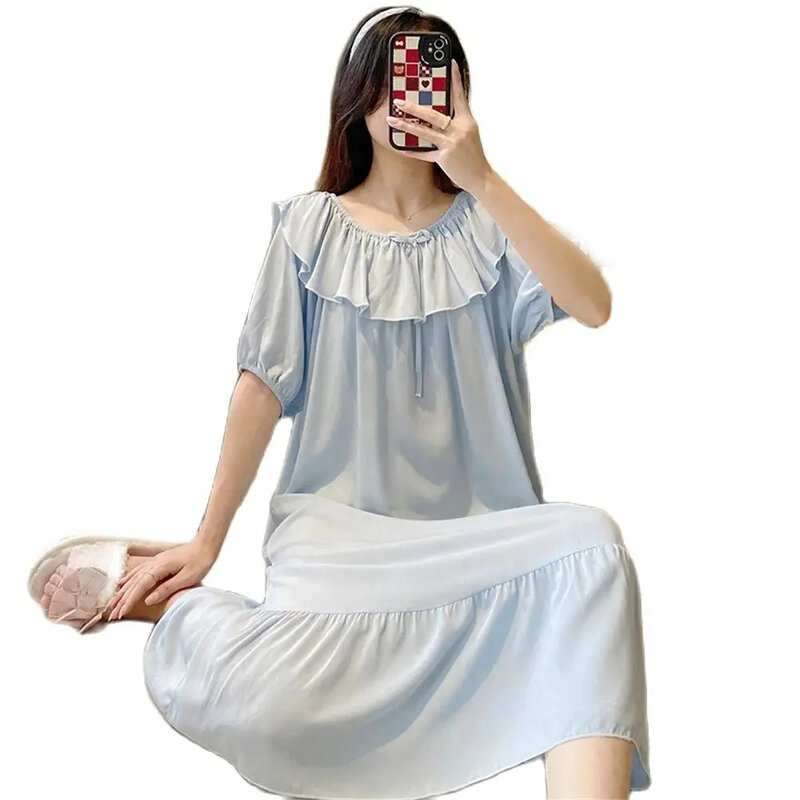 Повседневная Свободная ночная рубашка большого размера, Женская милая Элегантная ночная рубашка, летняя тонкая Пижама с коротким рукавом, Женская домашняя одежда