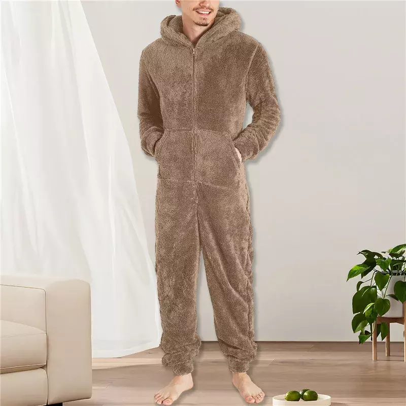 Macacão casual com capuz masculino, macacão longo, monocromático, pijama de lã quente, zíper, inverno, outono