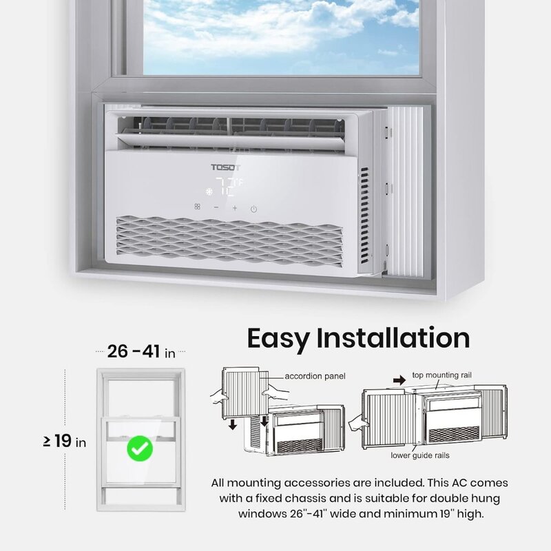 Il condizionatore d'aria raffredda fino a 350 piedi quadrati. Silenzioso, LED, telecomando intelligente, finestra ad alta efficienza energetica AC, 8000 BTU, bianco