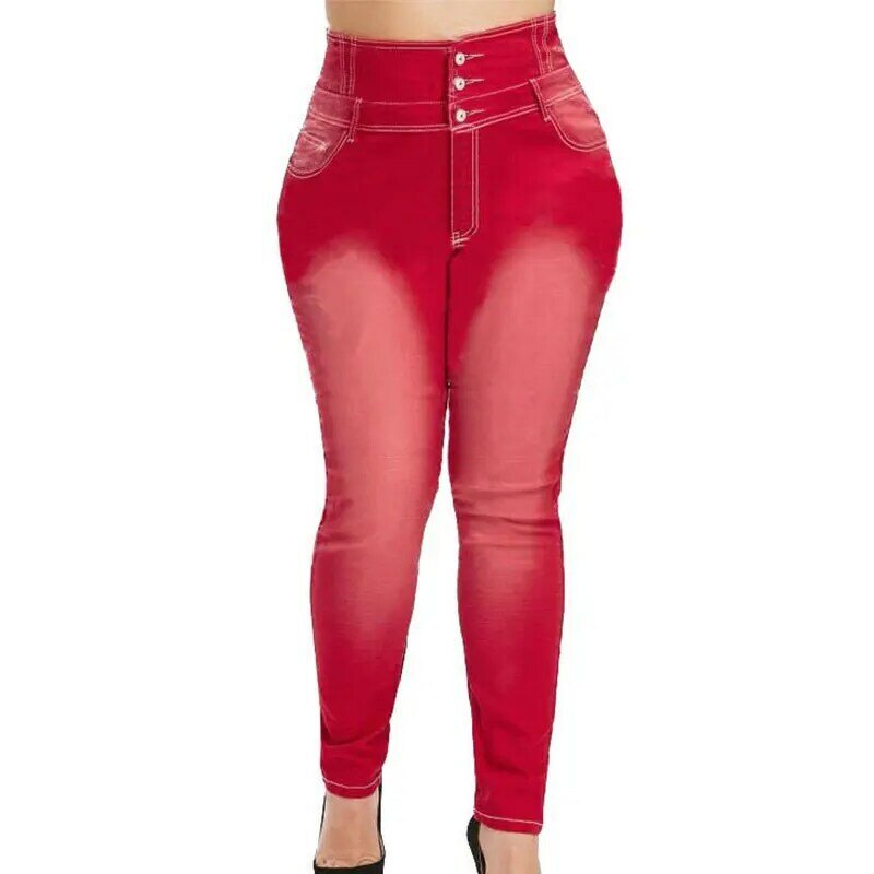 Pantalon en Denim rouge taille haute pour femme, Sexy, taille haute, crayon, grande taille, bouton, Long, maman, Jeans, printemps coréen, Stretch, moulant