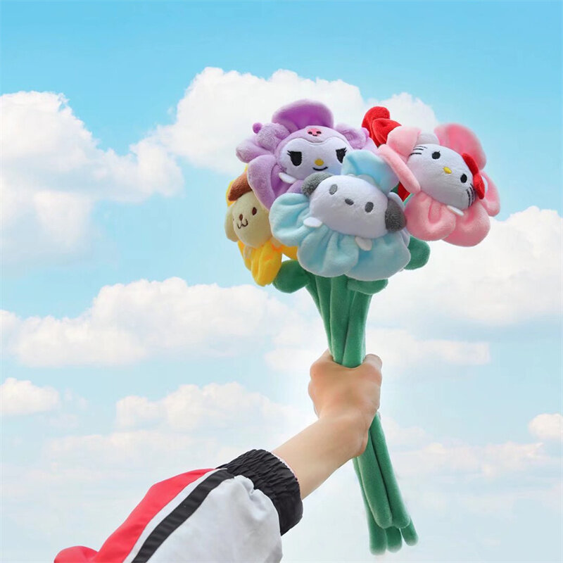 Sanrio Hello Kitty ของเล่นตุ๊กตาน่ารัก Kuromi อนิเมะ Cinnamoroll boneka mainan pochacco pochompom Purin ดอกไม้ของขวัญคริสต์มาส