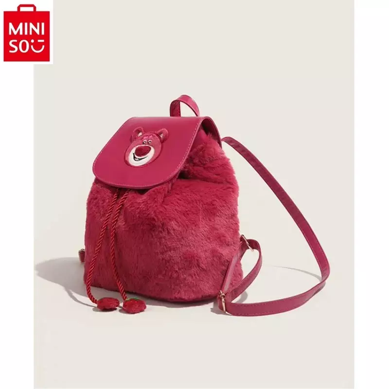 MINISO Disney Strawberry Bear Women's Fashion High Quality Large Capacity Drawstring Plush Sweet and Versatile Storage Backpack