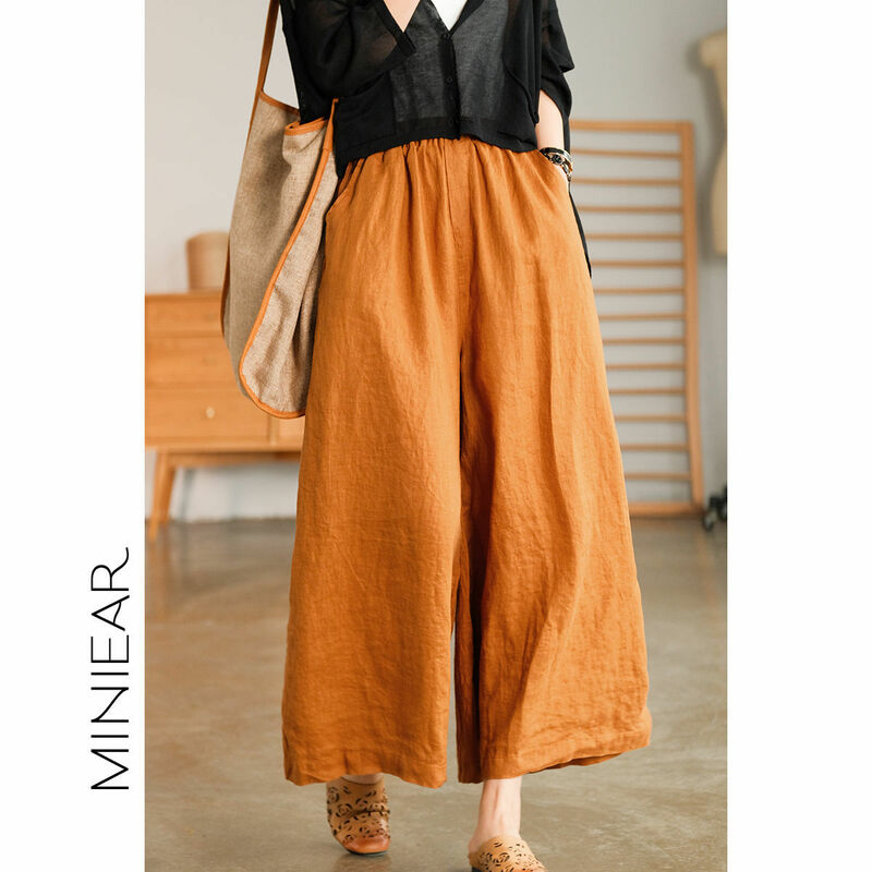 Luźne, jednokolorowe, lniane, bawełniane, proste damskie spodnie w stylu vintage z elastyczną talią i szerokimi nogawkami Letnia prostota Wygodna odzież damska