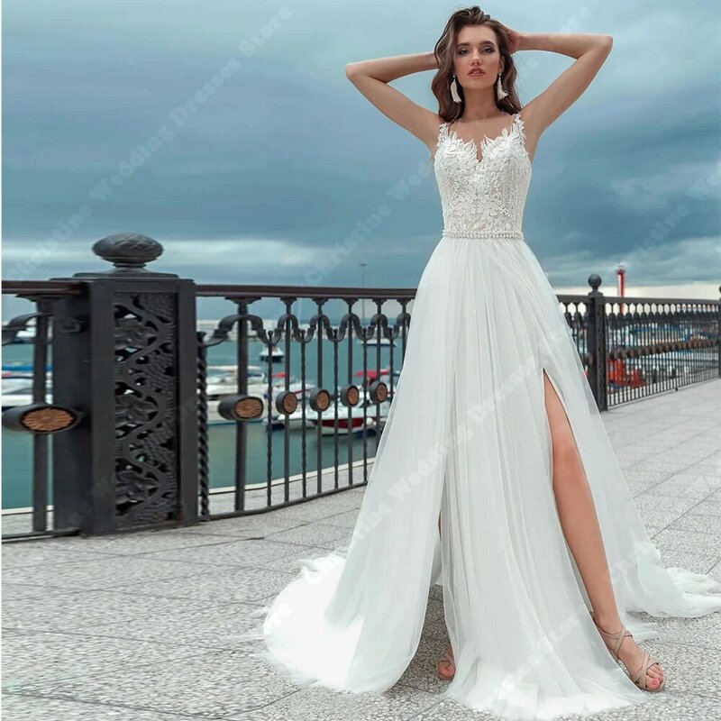 Gaun pengantin wanita leher bulat gading gaun pernikahan desain gambar cetak renda gaun pesta tanpa lengan A-line Formal terbaru gaun pengantin wanita