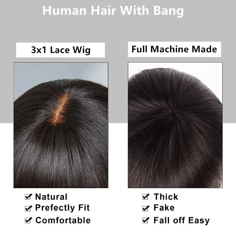 Wig rambut manusia lurus dengan poni Wig Brasil dijual Wig renda bagian tengah 30 32 inci 3x1 untuk wanita Wig Bob pendek Bang murah