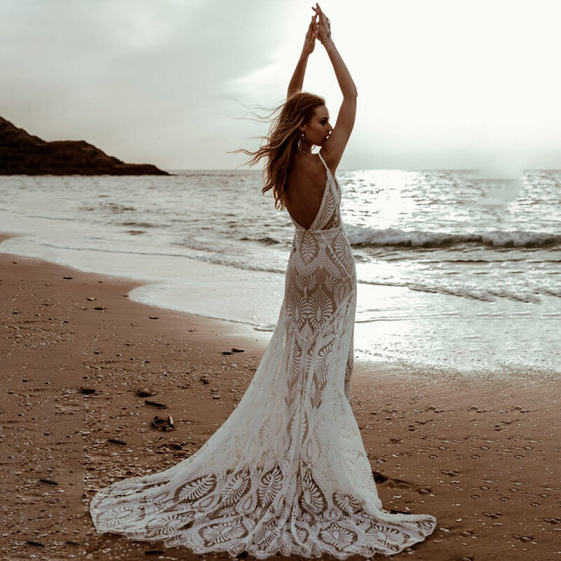 Gaun pernikahan putri duyung pantai leher V renda seksi DREAM gaun pengantin tanpa lengan tali Spaghetti 2023 gaun pengantin punggung terbuka