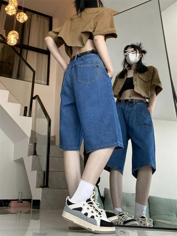 Mulheres de bolso grande perna larga calça jeans meia linha feminina casual calção reta azul, verão, novo, American Street