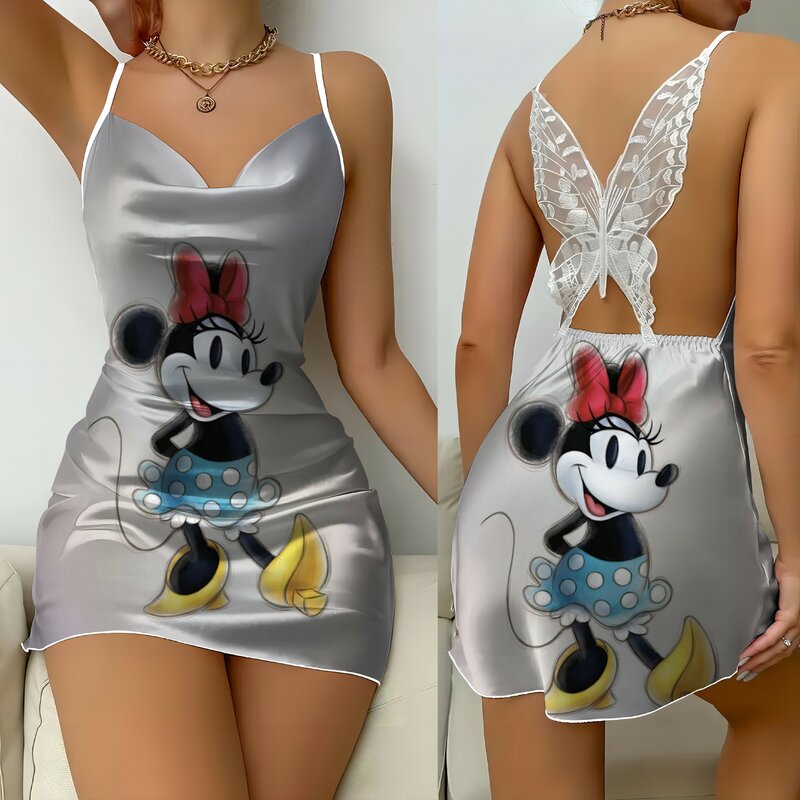 Gaun punggung terbuka Minnie Mouse gaun wanita rok piyama Mickey Disney simpul kupu-kupu permukaan Satin mode Musim Panas 2024 pesta Mini seksi