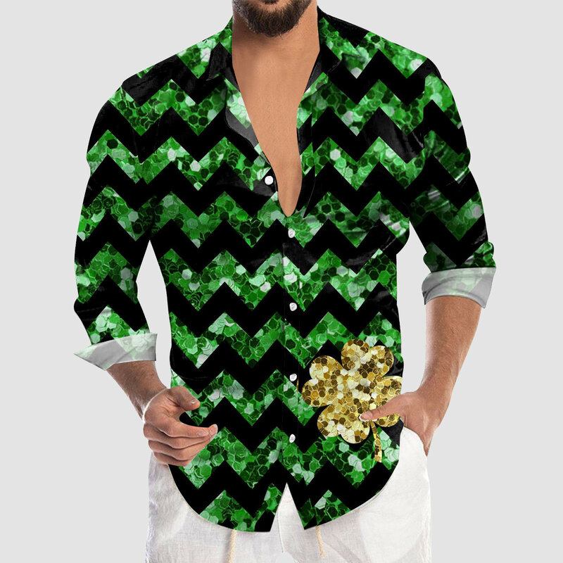 Camisa havaiana de manga comprida masculina com impressão 3D, tops masculinos, casual, dia de São Patrício, outono