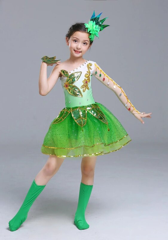 Gaun dansa pohon kecil, kostum daun anak, pakaian pertunjukan panggung kolektif, kostum payet