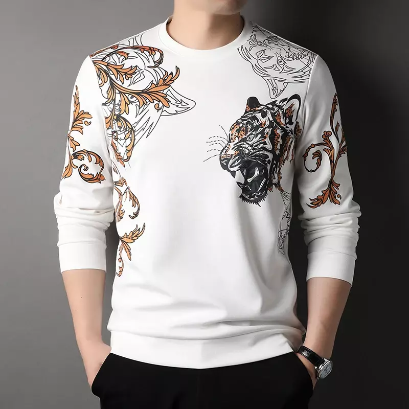 Men's New Spring Tiger Head Print Personalized Trendy Round Neck Top