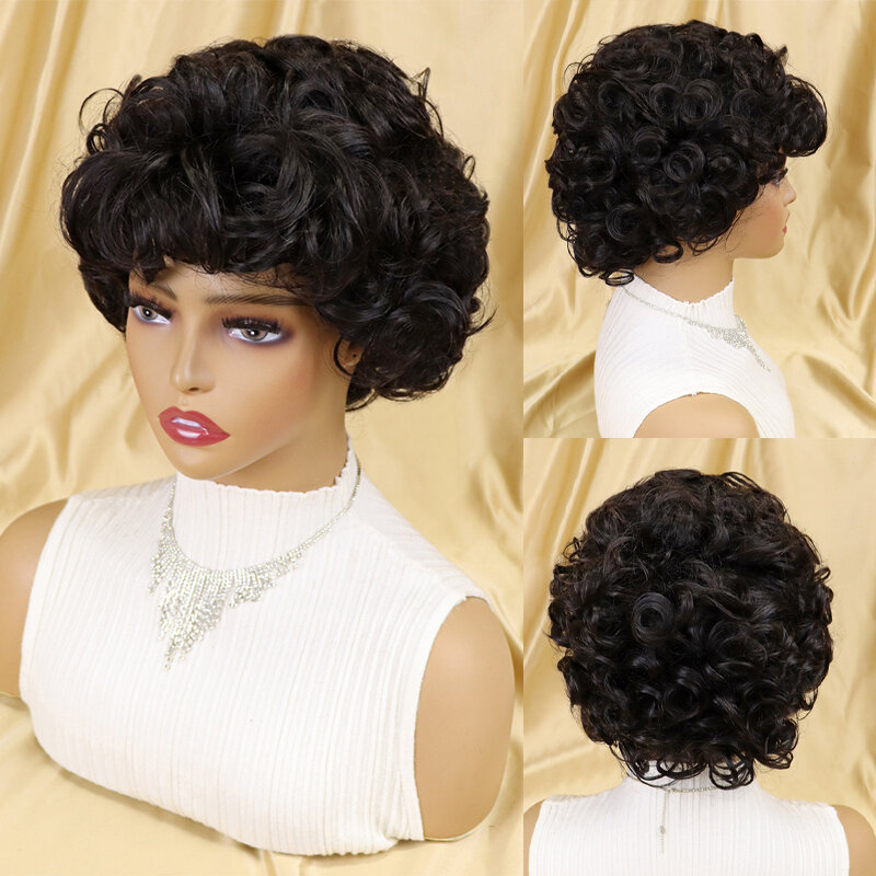 Pixie corte peruca de cabelo humano curto encaracolado perucas de cabelo humano para preto feminino barato peruca de cabelo humano completo máquina sem cola afro peruca encaracolado