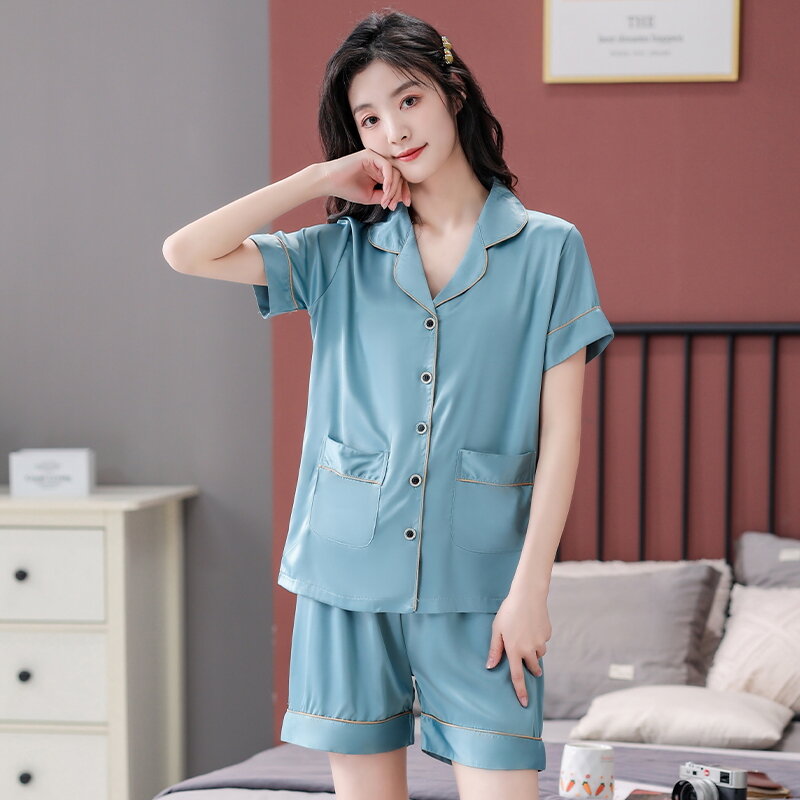 Summer Cardigan Pajamas Sets Women Silk Satin Fashion Women Short Sleeve Shorts Sleepwear Suit 2 piece Sexy Home Lounge Gift 3XL