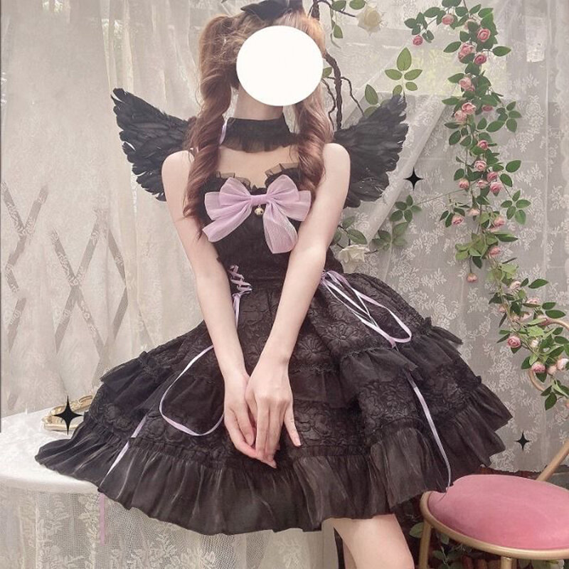 Japanese Gothic Lolita Jsk Little Devil Black Dress Girls White Punk Dresses Women Cute Fashion Suspender Soft Sister Cute Dress