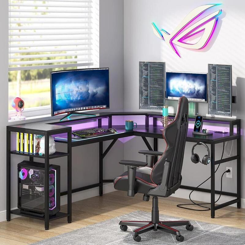 Black L-Shaped Gaming Desk, Mesa De Escrita Moderna, Tomadas De Energia, Tiras De LED