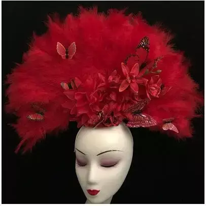 ريشة حمراء فراشة أغطية الرأس للنساء ، قبعة أداء مبالغ فيها ، قبعة الرقص ، النمط الصيني