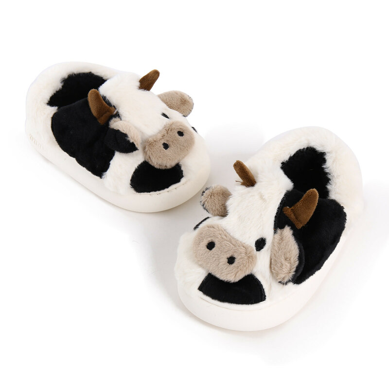 Dzieci urocze zwierzęce futrzane pantofle dla chłopców dziewczyny moda puszyste ciepłe zimowe kapcie dzieci kreskówka krowa mleczna bawełniane buty do domu