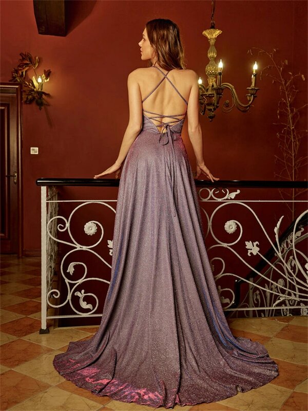 Elegante Sequin Prom Dress, Spaghetti Strap, sem alças, sem encosto, Lace-up, A-Line Espartilho, alta fenda, andar de comprimento, vestidos de noite formais