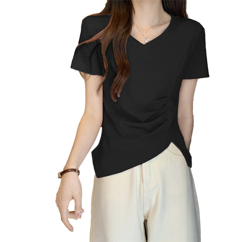 Camiseta feminina de manga curta com decote em v, Tops versáteis, bainha plissada feminina casual, versátil, branca, todas as estações