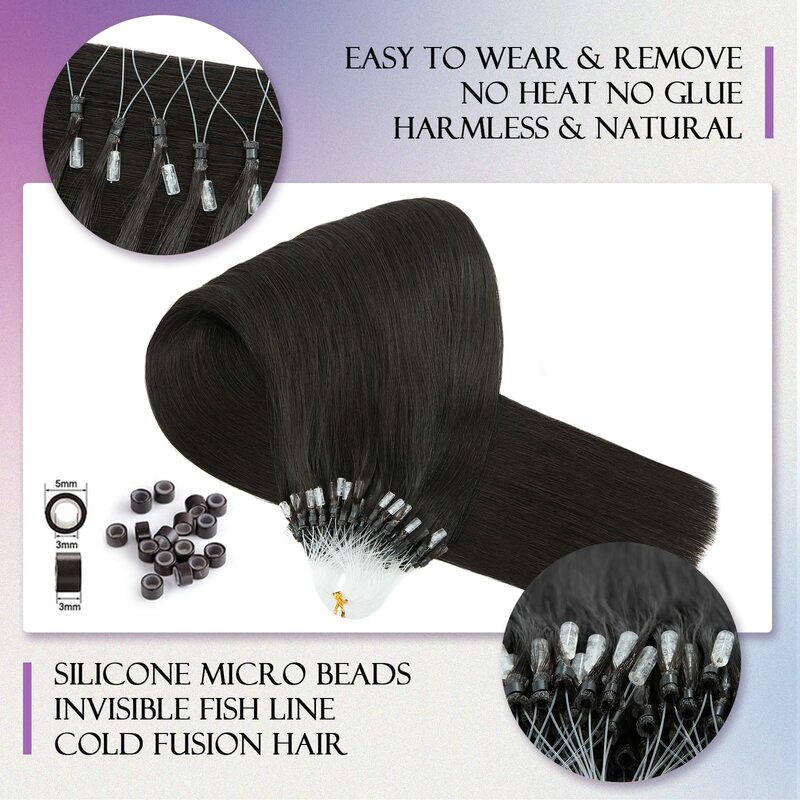Proste mikro włosy pętelkowe przedłużanie # 1B naturalne czarne włosy naturalne 16-26 Cal mikro pierścień przedłużanie włosów 1g/1 pasmo 50G