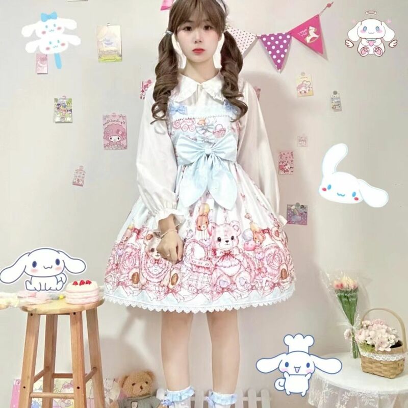 Kawaii Sweet Lolita Princess Dress Women Cute Cartoon Bear Print Bow Strap Dress Kawaii Girl Fashion Tea Party Mini Dress