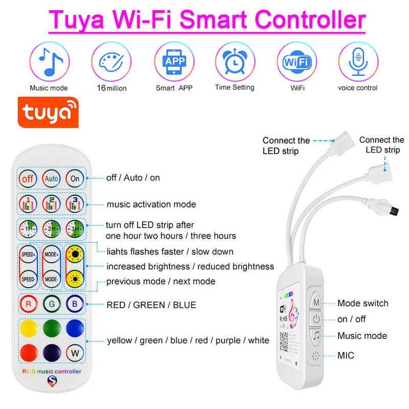 Tuya Smart listwy RGB LED światła 5050 5M 10M 15M 20M 30M diody LED taśma wstążka DC 12V lampa na podczerwień WiFi kontroler Bluetooth Adapter
