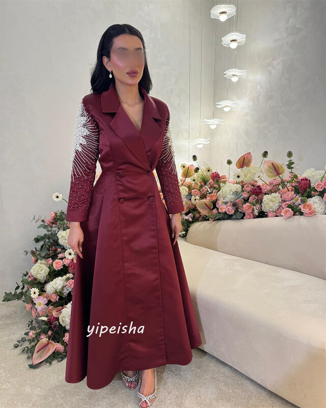 Атласные платья-трапеции с бисером и драпировкой на день рождения, с V-образным вырезом, на заказ, длиной до щиколотки