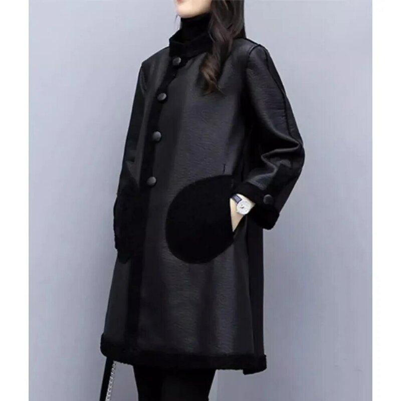 5XL Женская кожаная куртка осень-зима средней длины из искусственной кожи лоскутное пальто из овечьей шерсти модное Двустороннее пальто