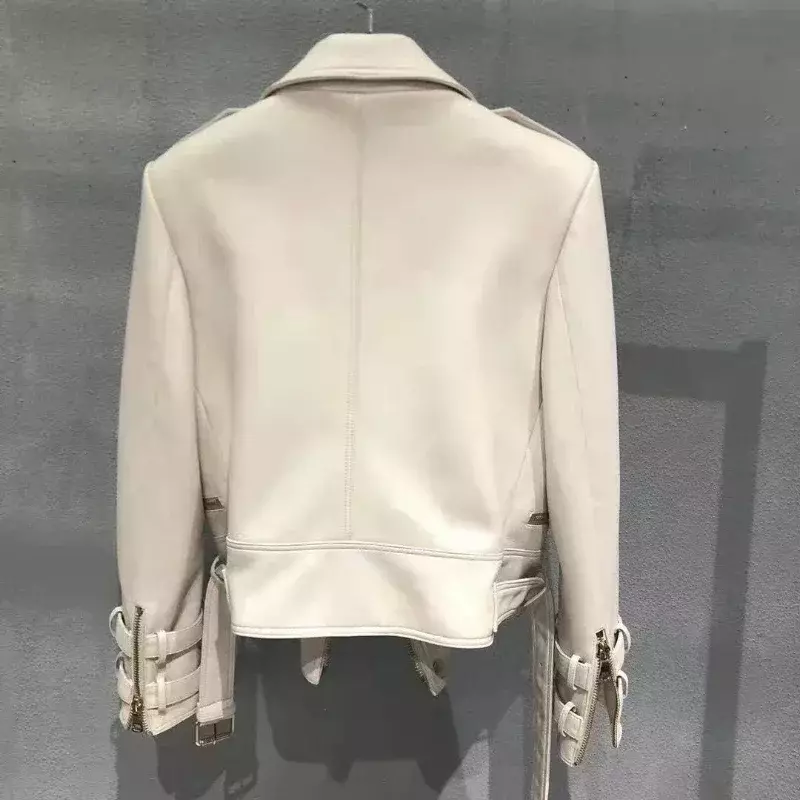Jaqueta de couro real feminino casaco de pele de carneiro primavera casual magro motor biker manga comprida zíper lapela jaqueta senhora outerwear