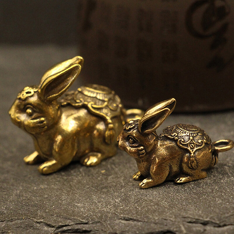 Ornamento do coelho da sorte para o ano novo chinês, chaveiro de cobre vintage, decoração antiga estatueta de cobre sólido, estátua da sorte