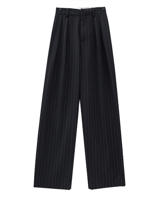 Cintura alta listrado terno calças design 2023 primavera verão casual calças femininas de cintura alta perna larga calças retas