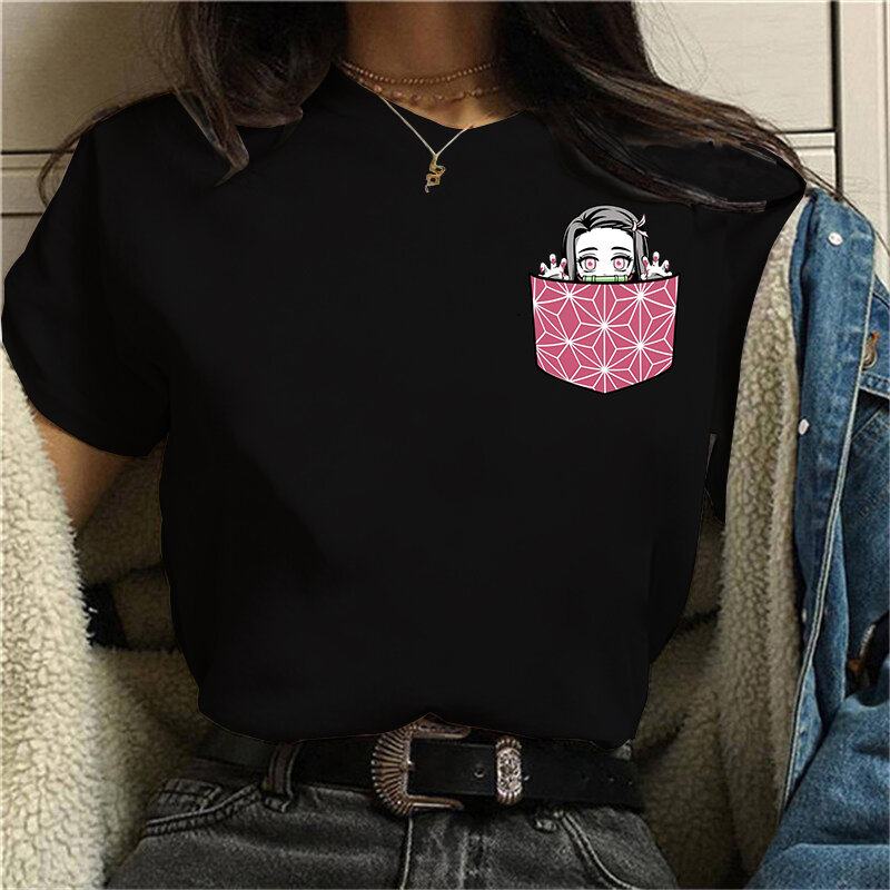 Camiseta feminina Kamado Nezuko estampada, blusa casual unissex de manga curta, camiseta de verão, bolso anime, moda Harajuku, nova