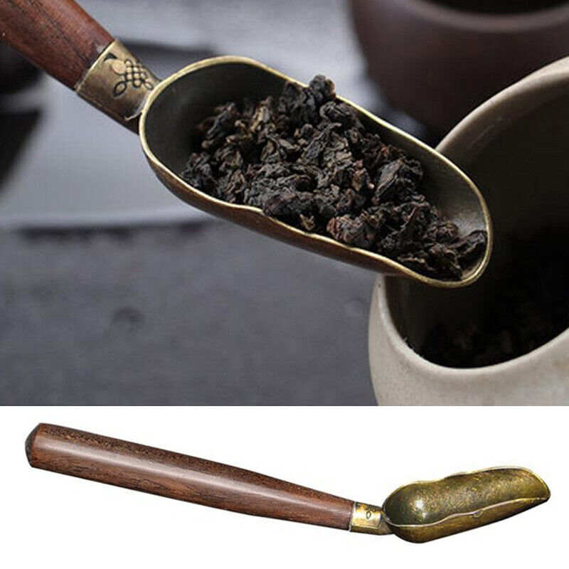 Wooden Handle Tea Shovel Tea Spoon,Tin Alloy Ebony Coffee Scoops Tableware Teaspoons,Easy Clean Anti Sprinkle Tea Spoon